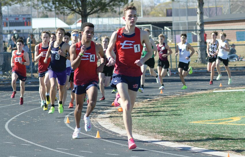 Red Devil distance runner Paul Baxter (front) leads teammates Jamar McDowell, Aidan Conrad and Bryan Baxter in the 1600 meter run Saturday at the Tony Glover Invite, in Draper, Utah. Baxter finished 15th, while the Red Devils finished 6th as a team.