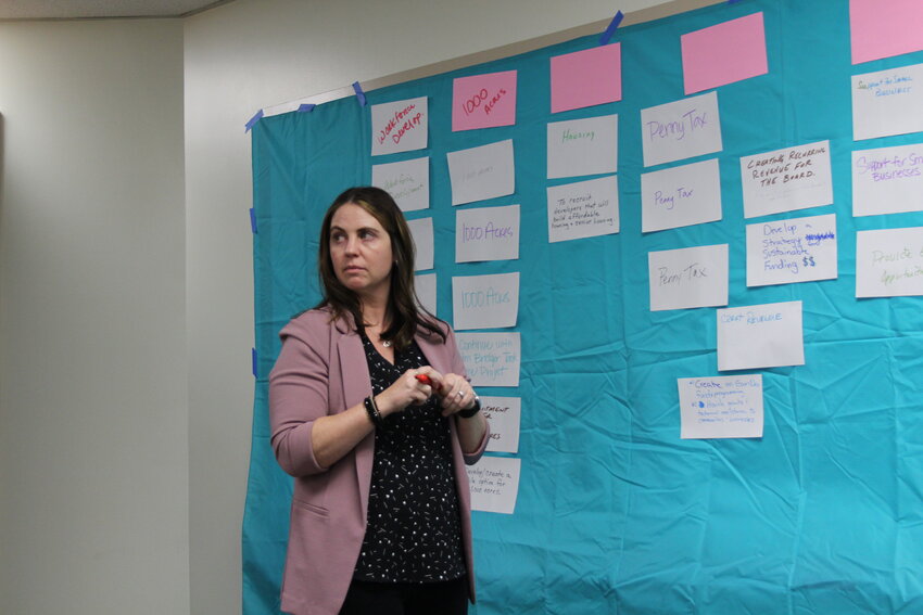 Wyoming Business Council Regional Director Kiley Ingersoll leads the Uinta County Economic Development Commission in brainstorming and prioritizing goals for 2024.