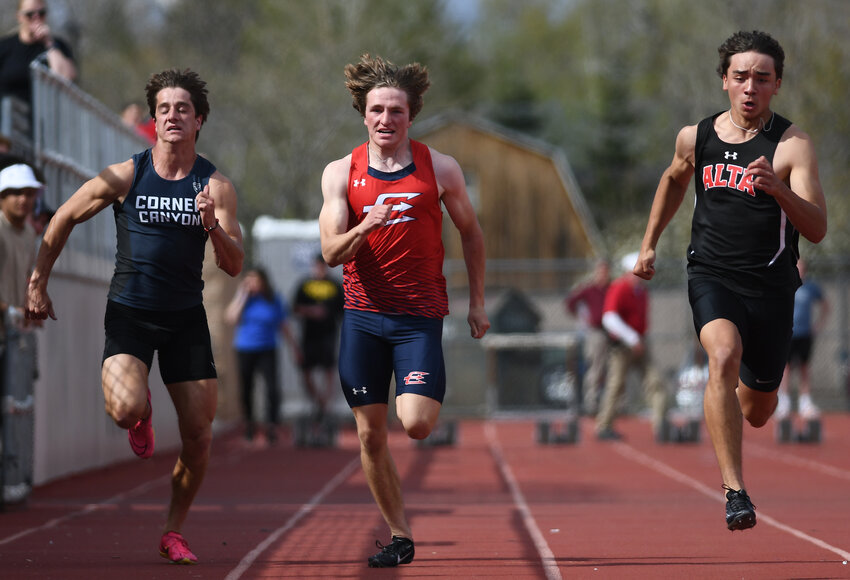 Red Devil Gabe Hutchinson races in the Davis Invitational in Kaysville, Utah, last weekend. Hutchinson was recently recognized by the local school board for earning a state championship in indoor track.