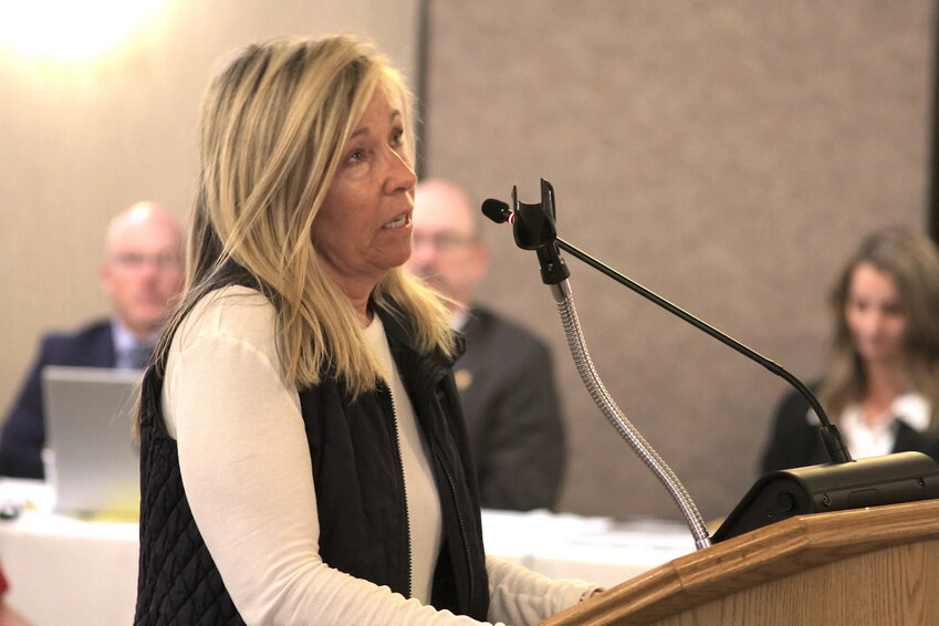 Lorraine Finazzo, who traveled 1,800 miles from South Carolina, addresses the Game and Fish Commission at its April 17 meeting stating, ‘Knowing the state permits snowmobiles to run over animals as a wildlife management tool is appalling … We love spending time (in Wyoming), however this incident has tarnished the beauty.’