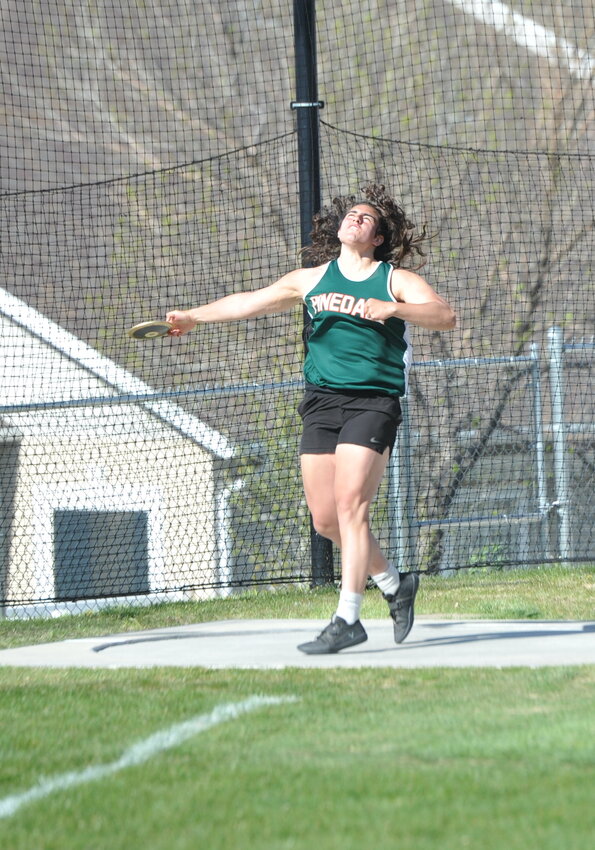 PHS senior Katyana Dexter launches the discus at the state meet in Casper on May 17. Dexter bagged 3A All-State honors in the event and also picked up 3A West All-Conference recognition in both the discus and shot put at Mountain Vew the previous week.