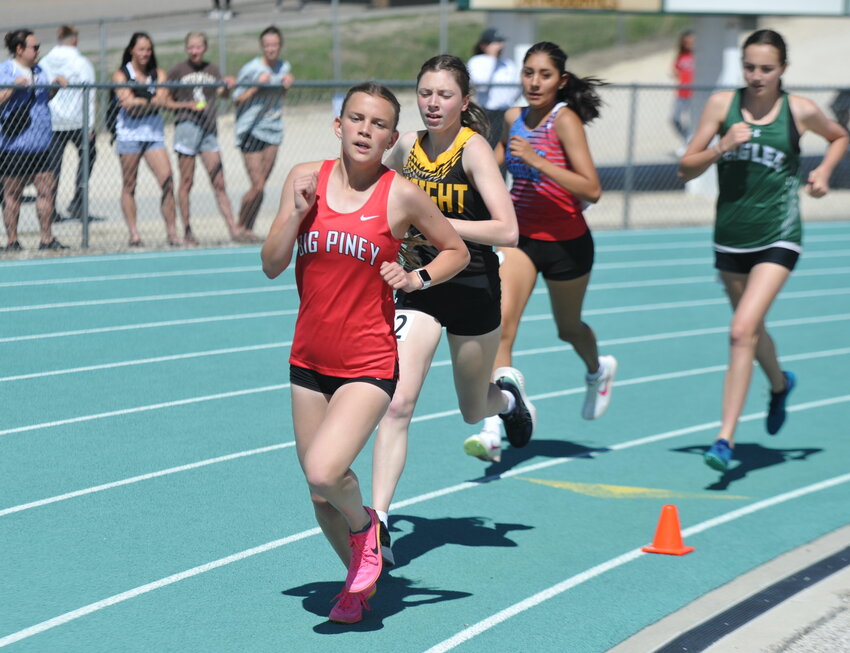 Junior Emma York pulls to the front of the pack in the 3200-meters at the state championships. York secured 2A All-State and All-Conference honors in both the 3200- and 1600-meters.