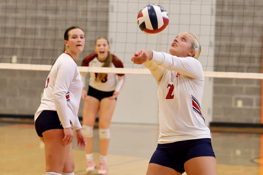 Lady Devil Jaylie Critchfield bumps a serve forward during Evanston’s 3-1 loss to Natrona County Thursday in Casper. The Lady Devils went 4-1 at the Casper Invitational over the weekend, and are back home this Thursday against Jackson.