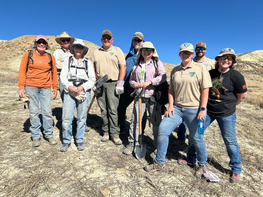 A newly-planted sagebrush seedling is shown at the Fossil Well No. 1 site near Kemmerer.