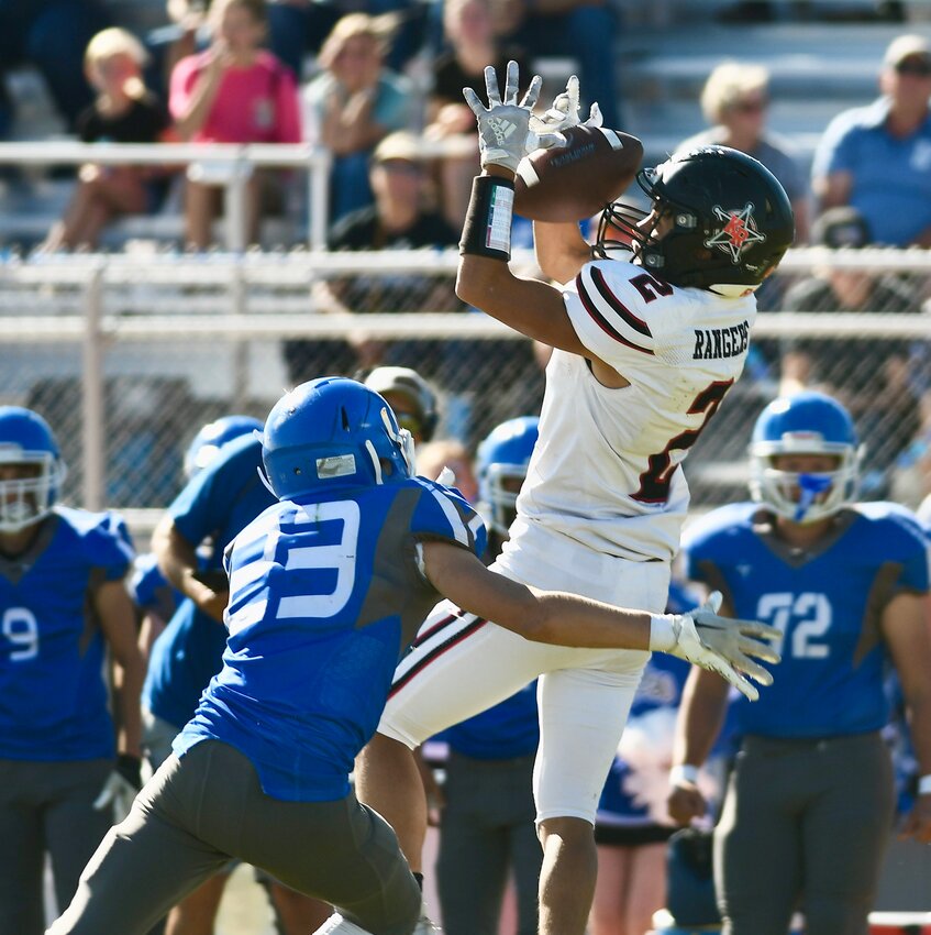 Rangers receiver Bridger Anderson makes a clutch catch along the sidelines during Kemmerer’s game-winning drive Friday, picking up a first down. Kemmerer beat Lyman 26-22, the first win against the Eagles since 2018.