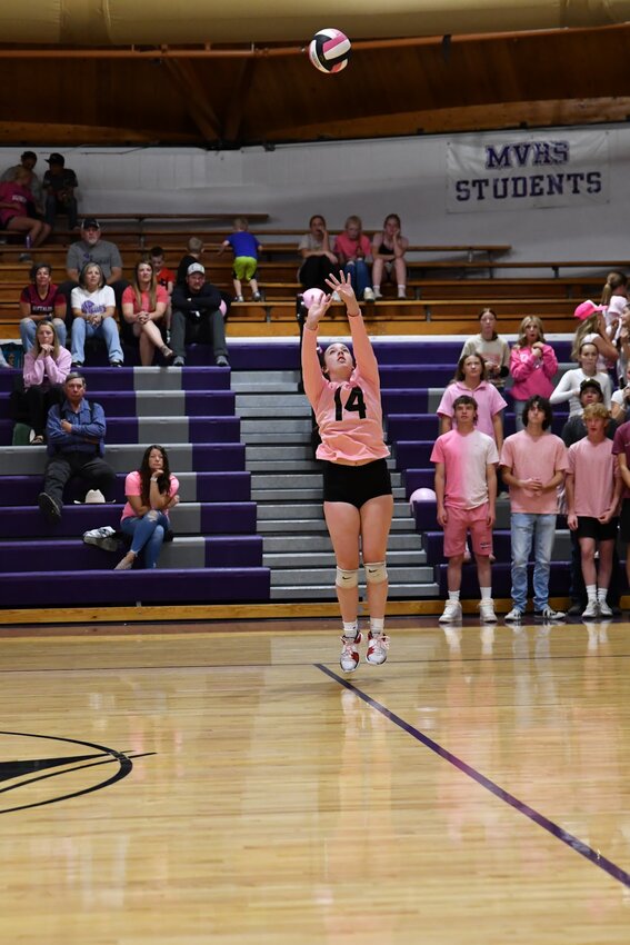 Lady Ranger Hadlee Wood sets up a teammate during Friday’s 3-set loss at Mountain View. Kemmerer hosts Farson-Eden Thursday as part of Homecoming Week.