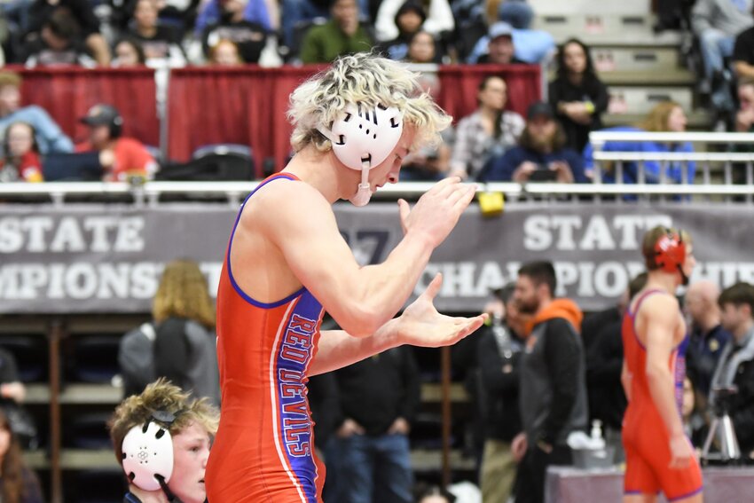 Red Devil senior Kolby Hamilton wrestled Andrew Gonzales (Central) in the 138-pound semifinals at Friday’s 4A State Wrestling Championships in Casper. Hamilton lost a close 4-1 decision, though he went on to finish fourth.