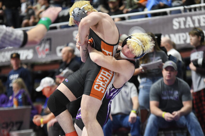 Mountain View’s Levi Jones works to turn Powell’s Mitchel Wainscott during the 175-pound semifinals at Friday’s 3A State Wrestling Championships, held at the Ford Wyoming Center in Casper. Jones finished the tournament as the Buffalos’ top placer, finishing third.