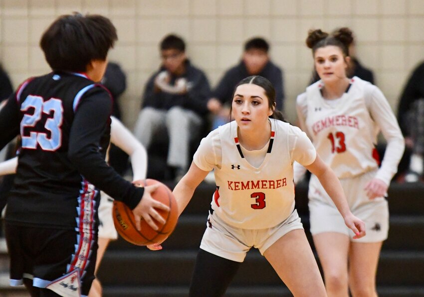 Backed up by teammate Janae Skidmore, Lady Ranger Natasha Martinez plays tight defense during a game against Wyoming Indian earlier this season. Martinez was named to the 2A West All-Conference Honorable Mention team over the weekend.