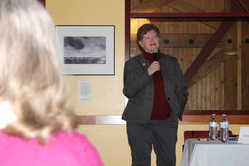 Sen. Wendy Schuler, R-Evanston, answers a question from the audience during the legislative breakfast held on March 27 in the Portland Rose Room in the Roundhouse. The event was sponsored by the Evanston Chamber of Commerce.