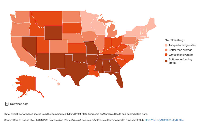 This map from the 2024 State Scorecard on Women’s Health and Reproductive Care shows overall scores by state.