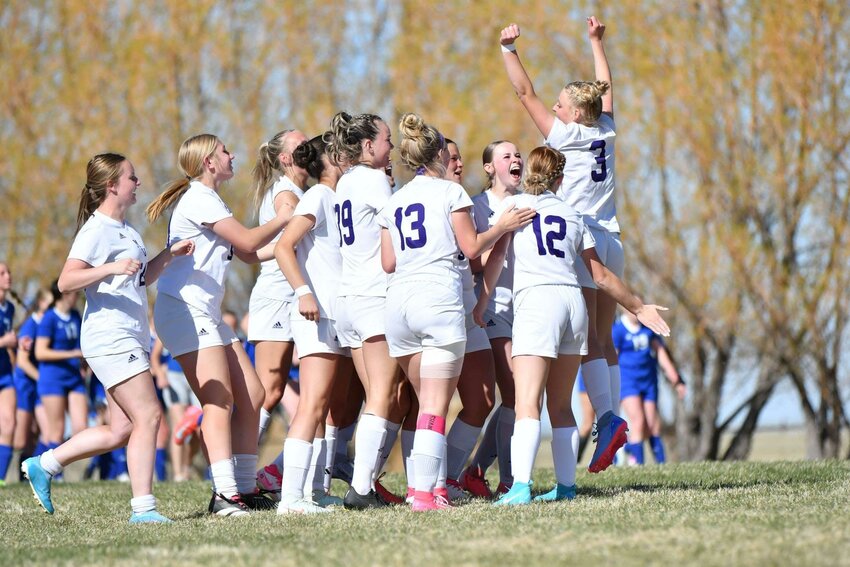 The Mountain View girls’ soccer team celebrates after winning a shootout against Lyman 3-2 to split the season series with the Lady Eagles. The match ended in a 2-2 tie after regulation, sending it to a shootout in overtime.