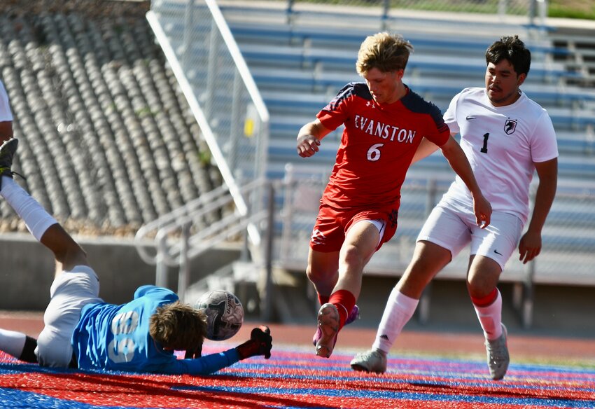 Red Devils senior Brooks Searle just misses on a second half goal against Natrona County during Saturday’s 2-1 loss at Kay Fackrell Stadium. Evanston went 0-2 for the weekend, having lost to Kelly Walsh Friday afternoon 6-0.