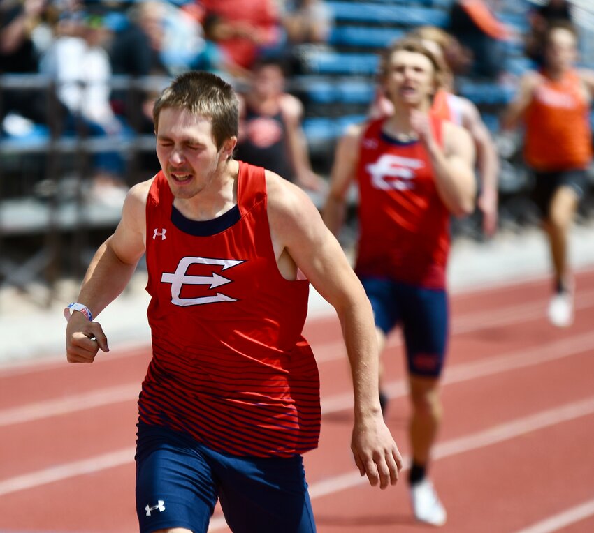 Red Devil sprinter Ayden Hartzell crosses the finish line well ahead of the rest of the pack during Saturday’s 400 meter finals at the 4A West Regional Championships at Kay Fackrell Stadium. Hartzell won the event with a time of 47.91; he also won the 200 meters (22.11).