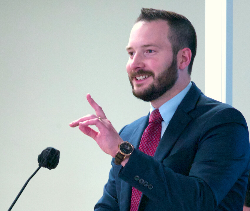 Corner-crossing hunters’ attorney Ryan Semerad addresses the jury in the hunters’ criminal trial in Rawlins in 2023.