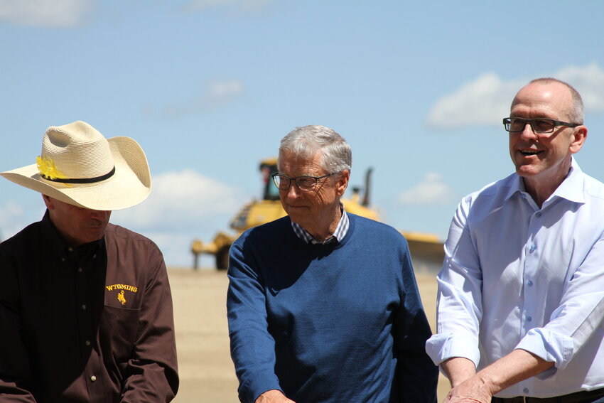 Wyoming Gov. Mark Gordon, TerraPower founder Bill Gates and TerraPower President and CEO Chris Levesque prepare to move some dirt during the company’s groundbreaking ceremony in Kemmerer in June 2024.