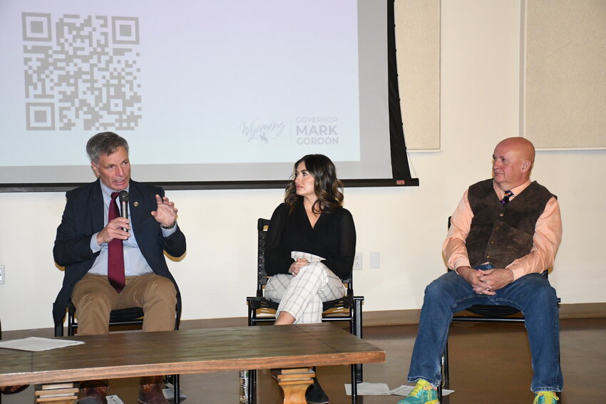 Gov. Mark Gordon speaks during a mental health forum held on Thursday, May 22, at the South Lincoln Training and Events Center in Kemmerer. Also pictured are suicide survivor Malorie Bishop and former state Sen. Fred Baldwin, both of Kemmerer.