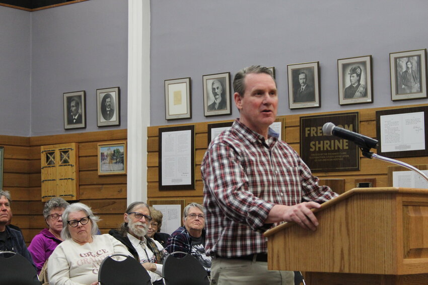 Uinta Senior Citizens Executive Director Glenn Roach, backed up by many seniors in the audience, makes another plea to the Evanston City Council for financial assistance for the local senior center during the council meeting on Tuesday, May 20.