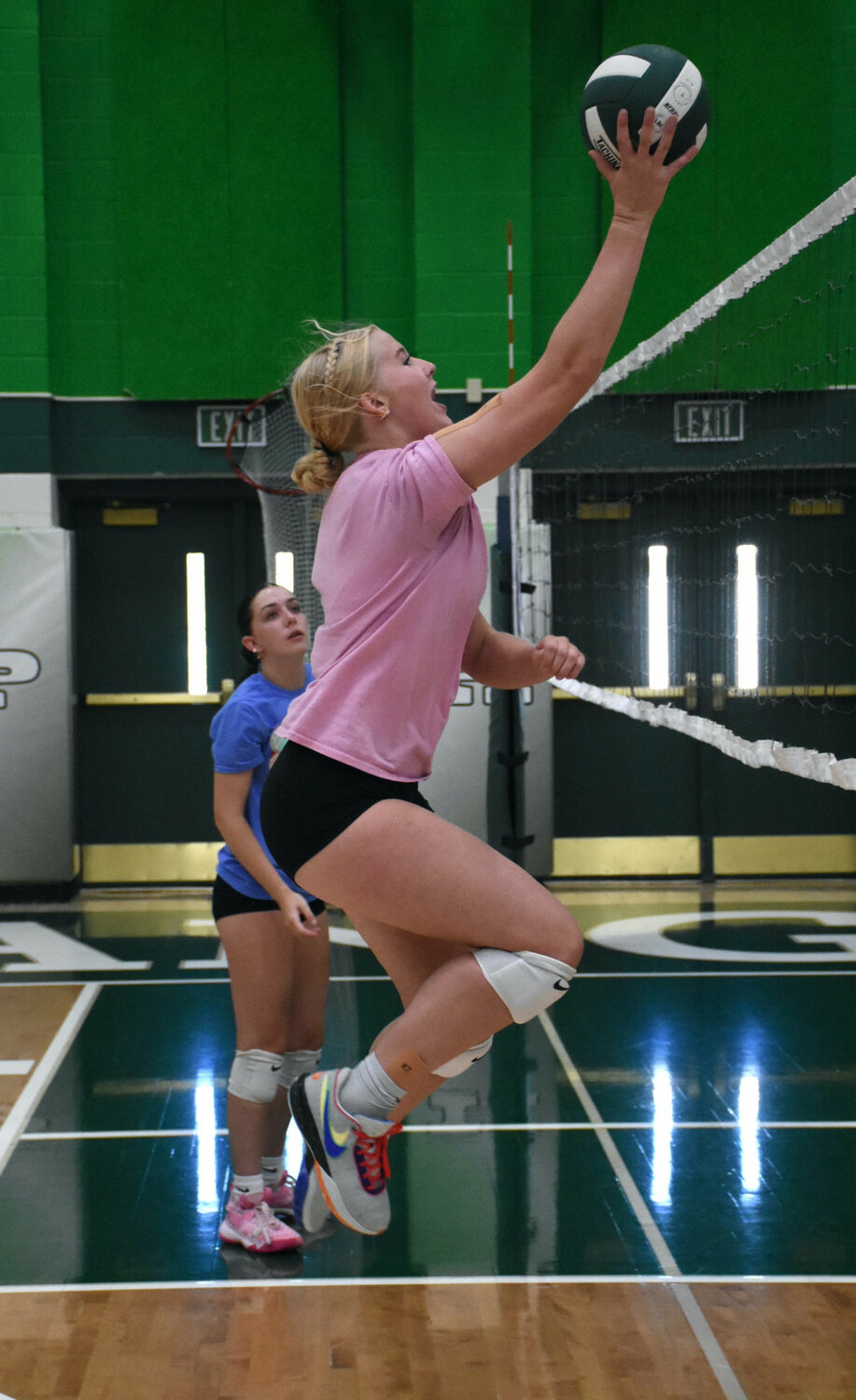 Robert Galbreath photo
PHS senior Trista Covill catches air at volleyball practice on Aug. 29. Covill and her teammates on the Lady Wranglers’ varsity team posted a 2-2 record at the Lander Invite on Aug. 25-26.