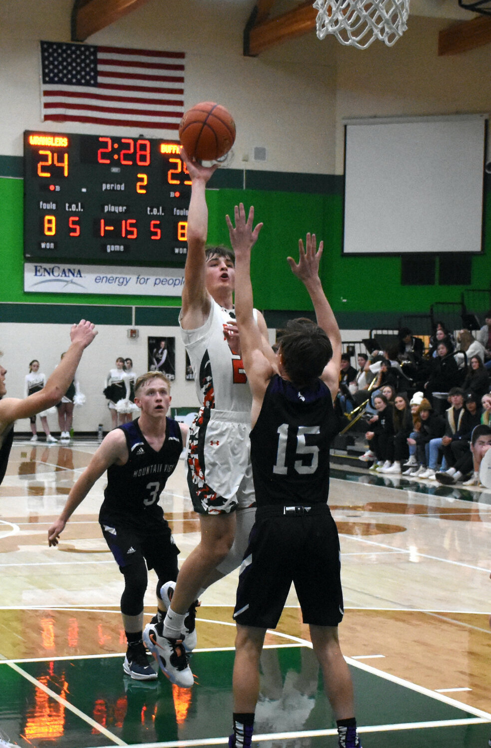 Robert Galbreath photos
Junior Owen McMillen catches air against Lander on Jan. 27. McMillen snagged 3A All-Conference honors for the 2022-2023 basketball season.
Junior Josh Gosar goes up for a shot against Mountain View on Jan. 21. Gosar earned 3A All-Conference and All-State honors for the 2022-2023 basketball season.