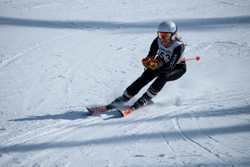 Cali O’Hare photo
Senior Sydney Wise focuses on curve in the giant slalom course on Friday, Feb. 17, at the Pinedale Invitational at White Pine Ski Resort. Wise led the Pinedale pack in girls’ varsity giant slalom at 12th place.