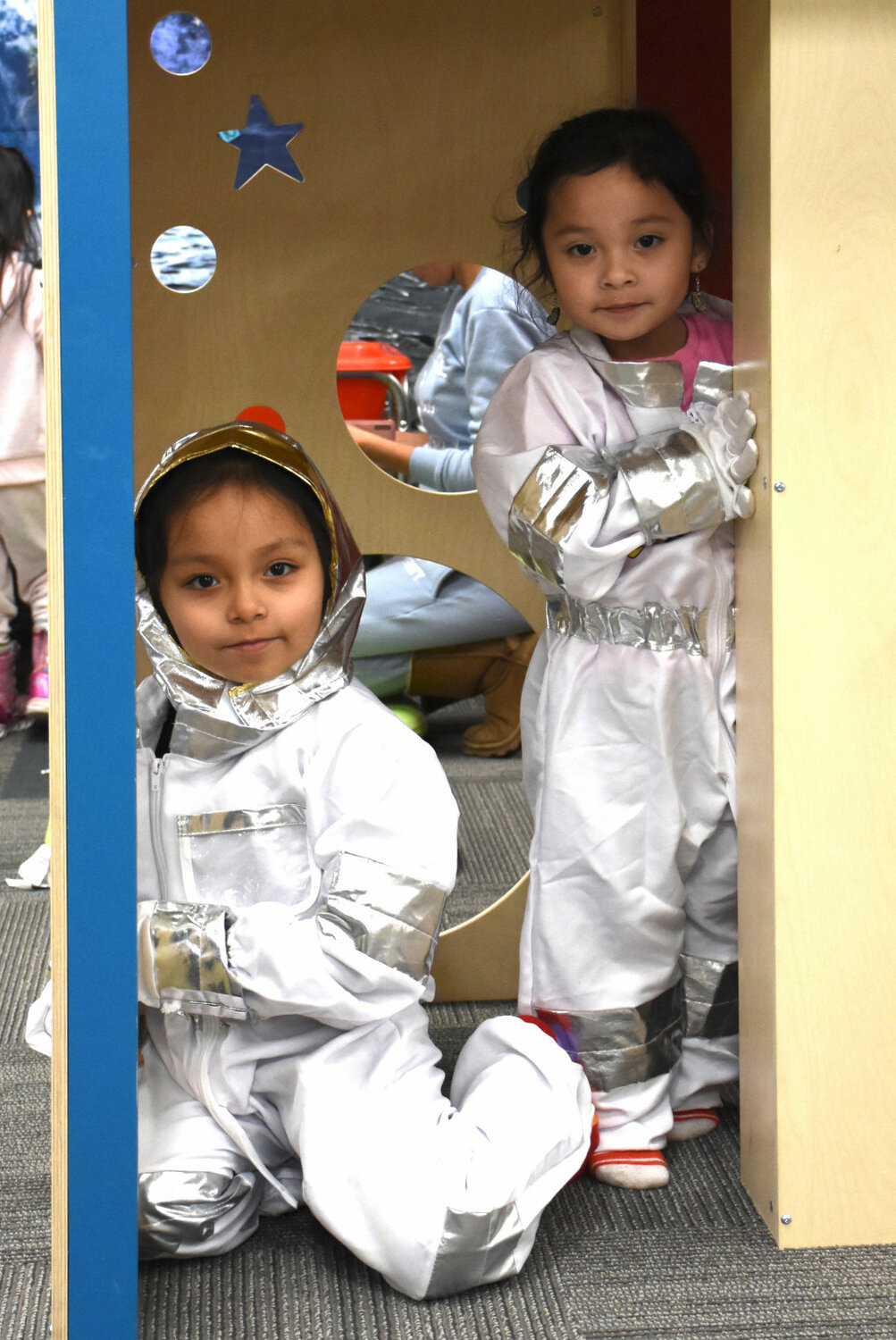Robert Galbreath
Marielle and Valerie Romero transform into astronauts to explore the space station at the SCSD1 STEAM Room. The space station provides space for dramatic play, where children apply their imaginations to discover new places, boosting their curiosity, creativity and ability to work as a team.