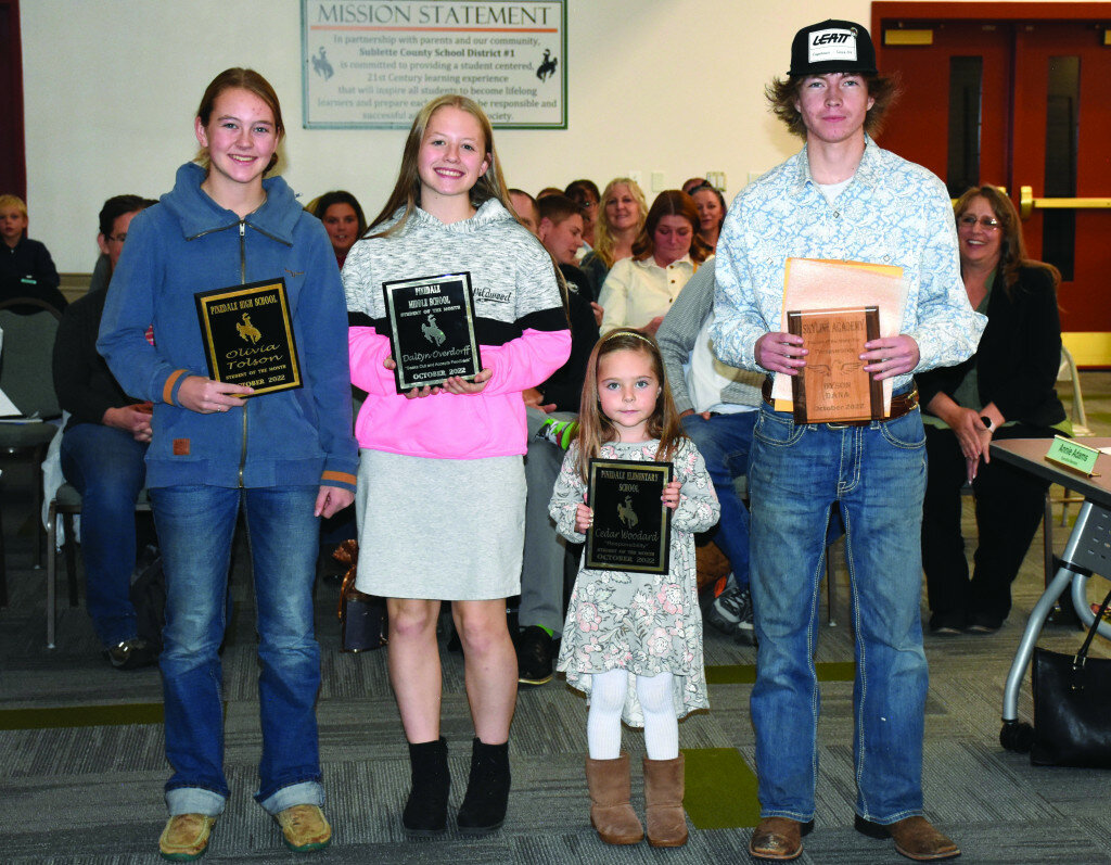Robert Galbreath photo
The Sublette County School District No. 1 Board of Trustees recognized the October Students of the Month at its Nov. 10 meeting. Pictured, from left, are Olivia Tolson, Pinedale High School, Daltyn Overdorff, Pinedale Middle School, Cedar Woodard, Pinedale Elementary School and Dyson Dana, Skyline Academy.