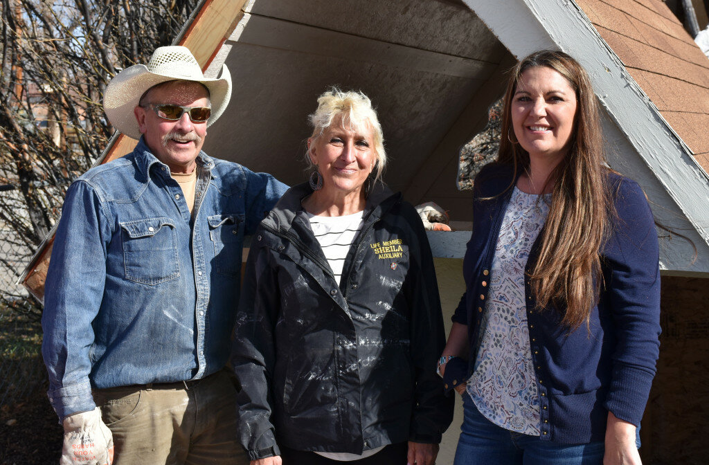 Robert Galbreath photo
Jeffrey Pittman, left, and Sheila Perschau, center, stand next to the old playhouse they volunteered to demolish and haul away to make room for a new playhouse at Pinedale Preschool. Also pictured is Teresa Sandner, executive director at the Pinedale Preschool.