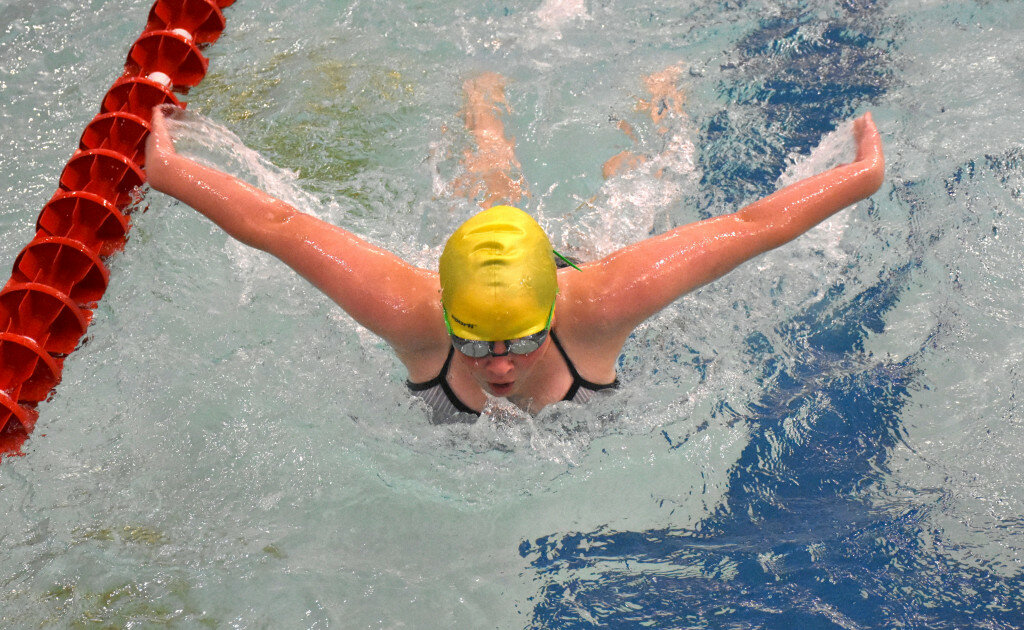 Robert Galbreath photo
Freshman Hadlee Francis makes waves in the 100-butterfly at the duel in Big Piney on Oct. 4. Francis placed third in the event on Oct. 4 and helped the 400-freestyle relay team snag third place at Kemmerer on Oct. 6.