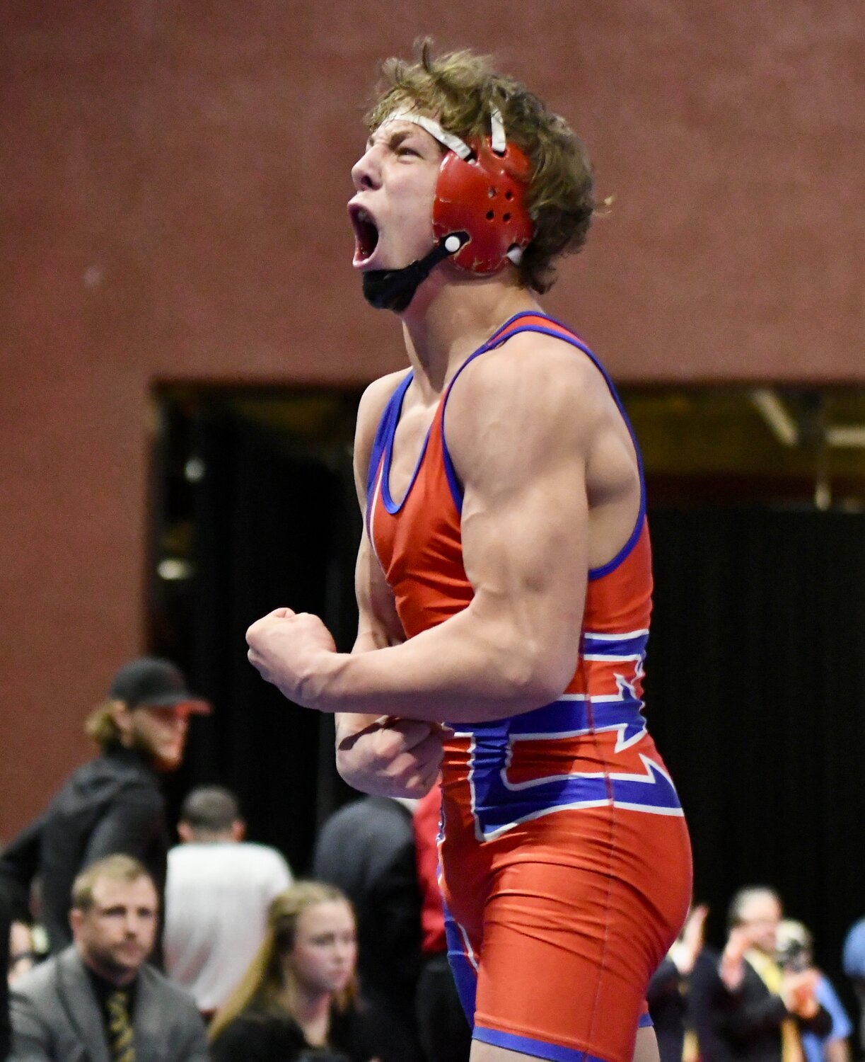 Red Devil wrestler Brady Roberts can’t contain his excitement following his 3-0 victory over Buffalo’s Hazen Camino in Saturday’s 175-pound Championship Match at the 3A State Wrestling Championships in Casper.