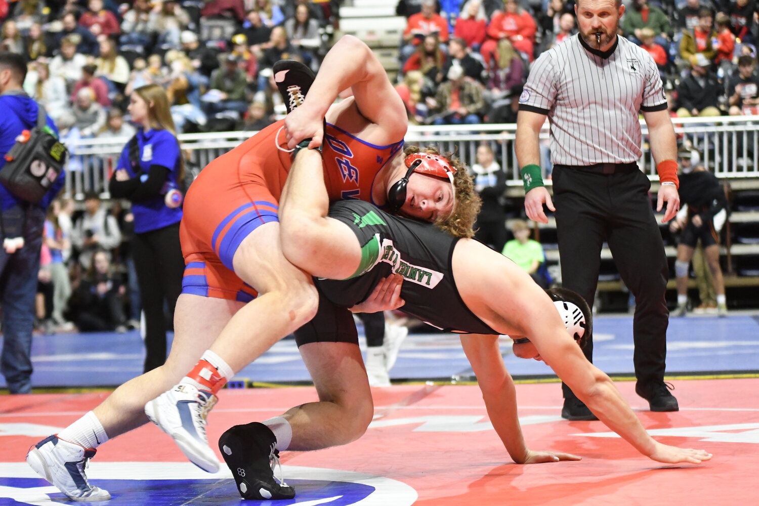 Red Devil 190-pounder Aiden Liechty takes control of Riverton’s Jordan May in the semifinals of the 3A State Wrestling Championships in Casper. Liechty finished second overall for the tournament.