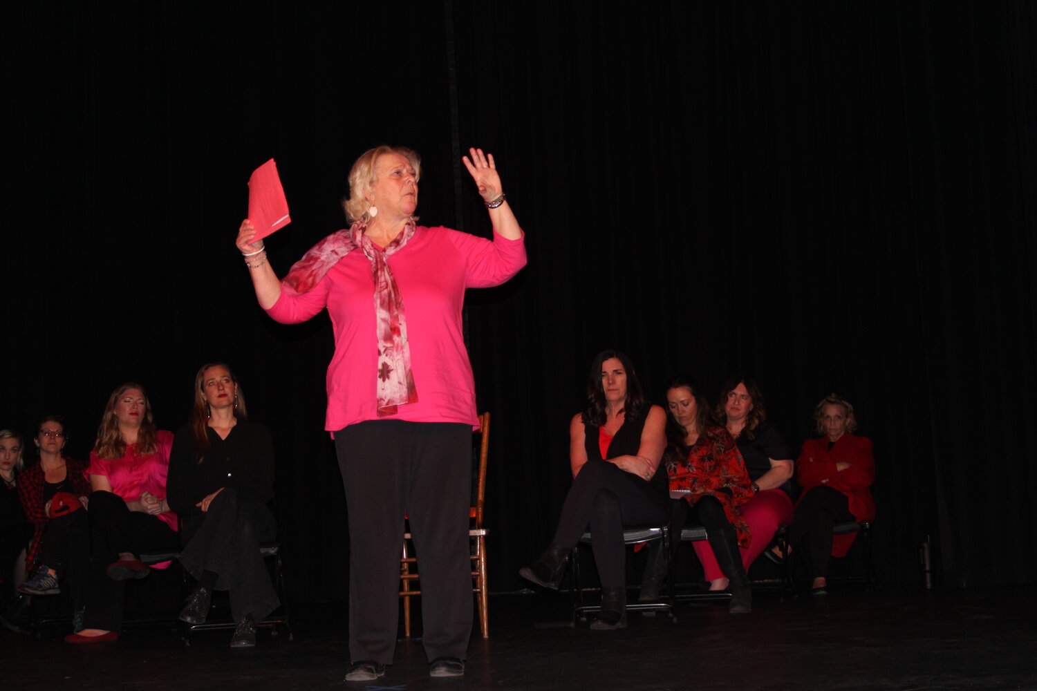 Evanston’s Patricia Arnold performs during “The Vagina Monologues,” presented by Soroptimist International of Evanston on Saturday, Feb. 24, at the Strand Theatre.