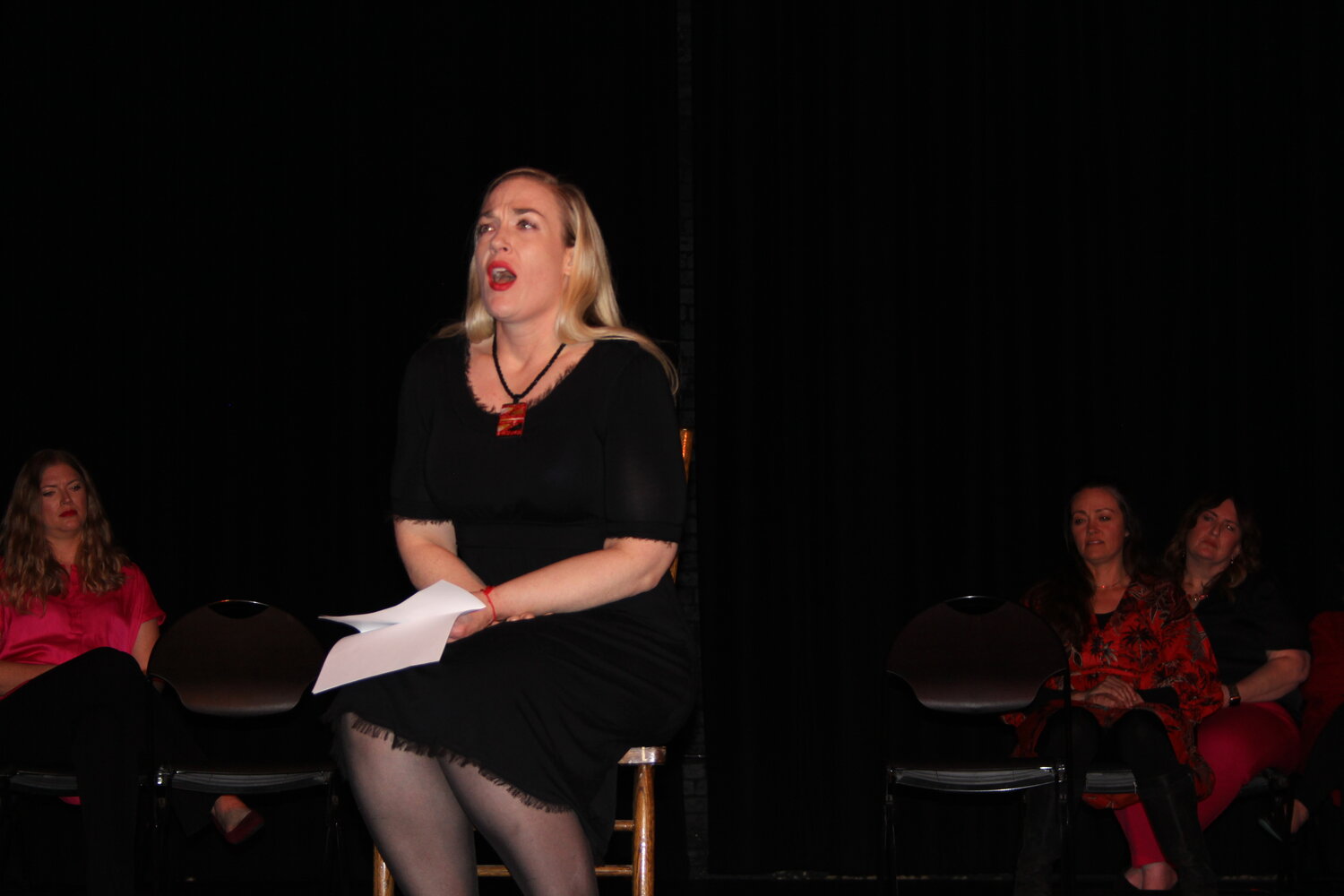Evanston's Amanda Manchester performs during the Soroptimist’s production of “The Vagina Monologues,” held Saturday, Feb. 24, at the Strand Theatre.