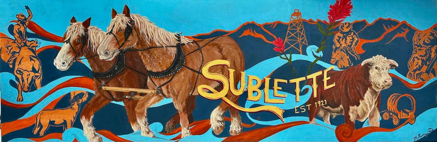 Set against a blue background with ribbons of warm tones, the mural painted by Big Piney resident McKenzi Davison for the Sublette County Fairgrounds pays homage to the area’s cowboy culture with a team of draft horses, ranchers, a bull rider, familiar livestock scenes, a sheep wagon and more.