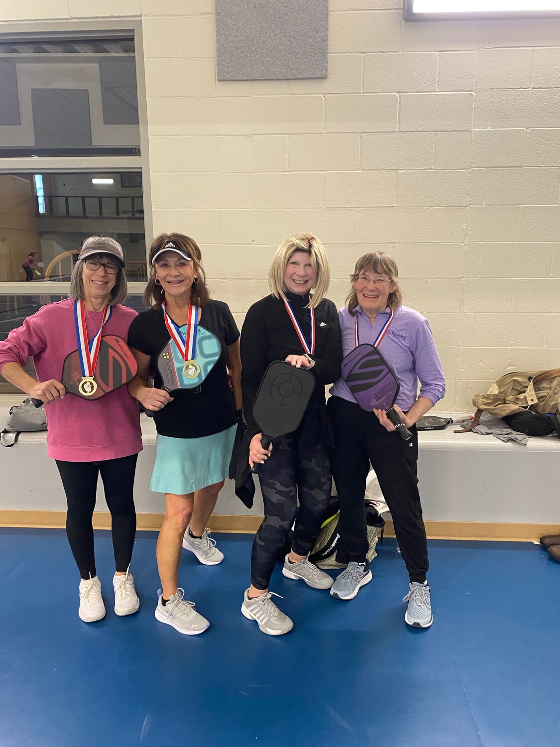 A bevy of pickleball beauties pose at the Wyoming Senior Olympics games in Pinedale. Pictured are gold medalists Valerie Jackson and Christy Otto and silver medalists Shirleen D’amoto and Cindy Stein.