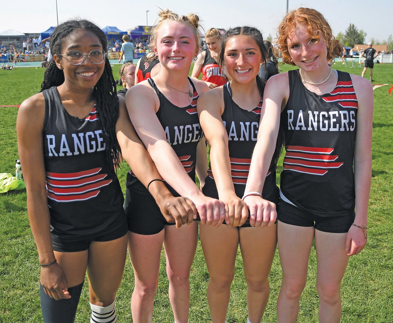 Three of the four members of last year’s State Champion 4x100 relay team (from left: Keira Heiner, Laynee Walker, Natasha Martinez and Jolee Swasey) are prepared to defend their title, as Walker, Martinez and Swasey were joined by freshman Claire Crosland to finish first Saturday at the Wind River Icebreaker. (