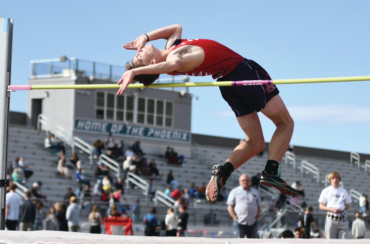 Red Devil athlete Raife Weidrich clears 5 feet, 7 inches Thursday at the Farmington Super Meet in Utah. The Lady Devils finished fourth overall as a team, while the Red Devils finished fifth.