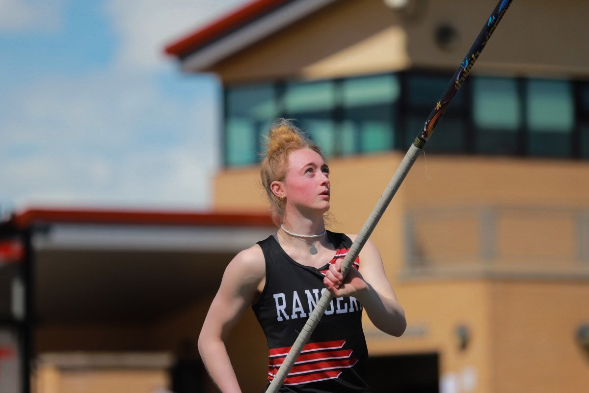Lady Ranger Laynee Walker prepares to vault at Friday’s Puncher Invite in Big Piney. The Rangers and Lady Rangers finished second overall in the team standings.