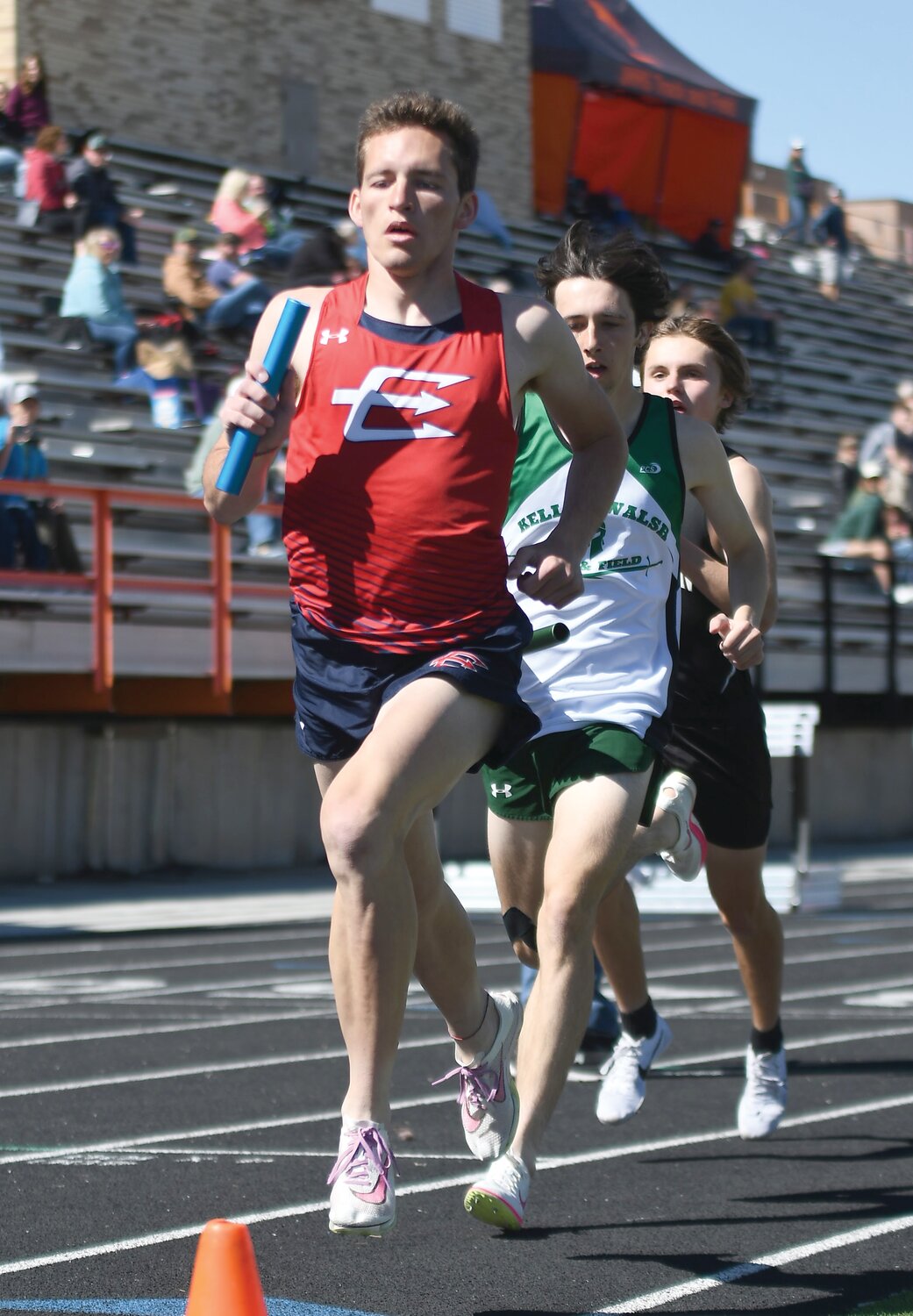 Gideon Stahl runs the first leg of the record-breaking 4x800 relay Saturday at the 4A West Regional Meet in Rock Springs.