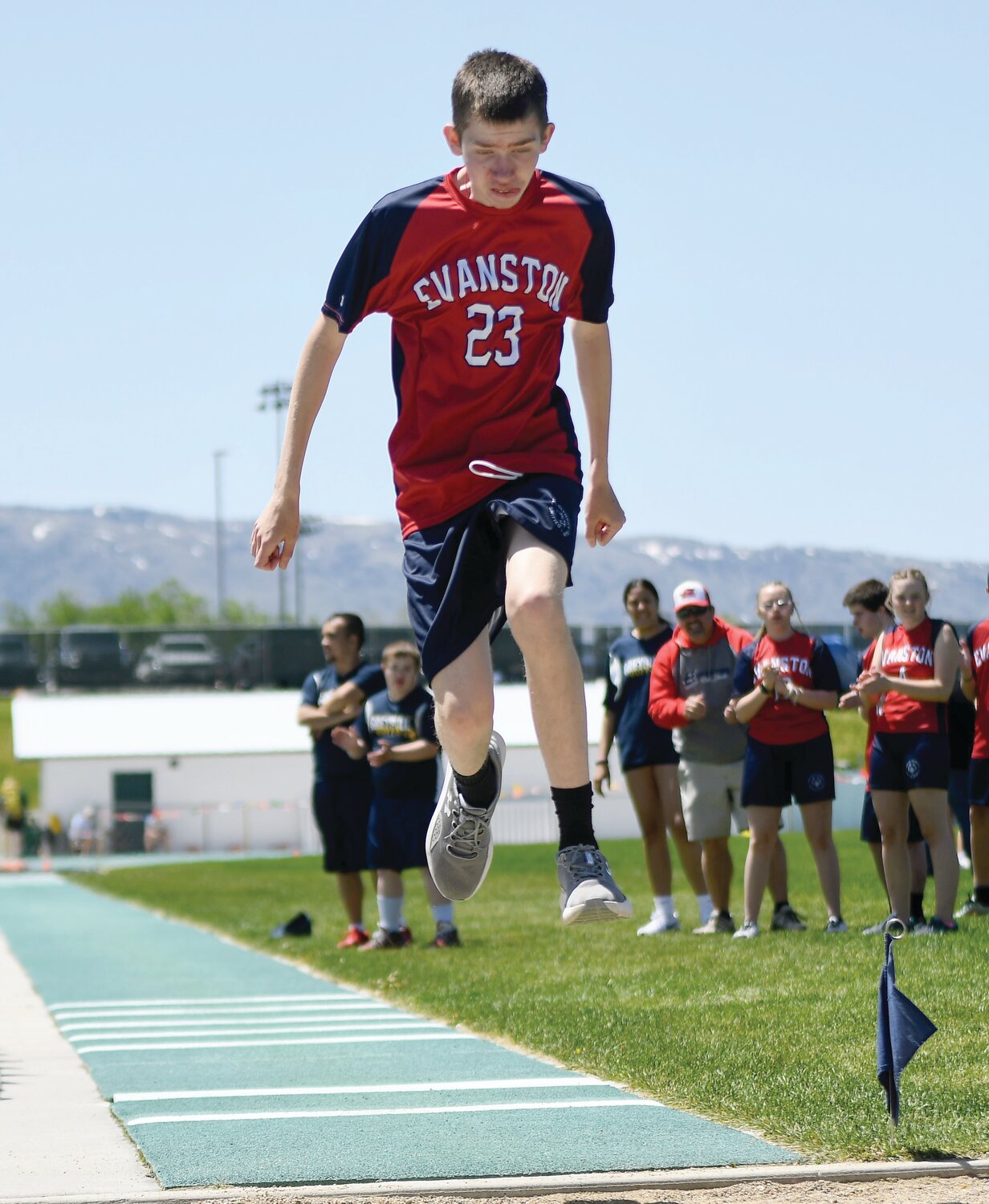 EHS unified athlete Hunter Brown shows some serious hops during the long jump at the State Unified Track and Field Championships.