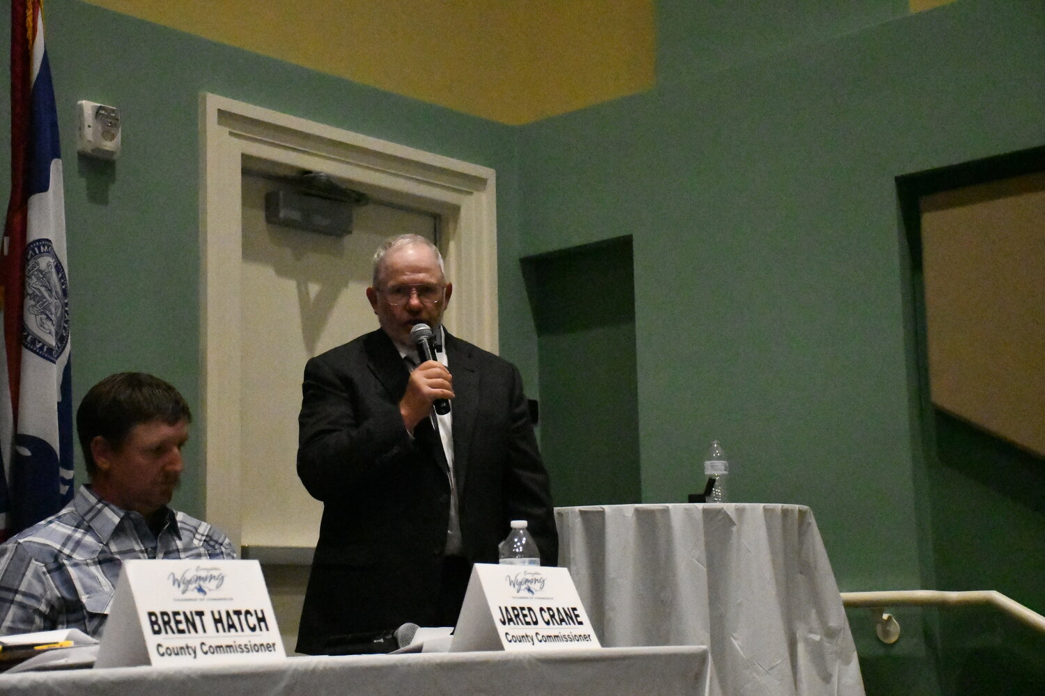 Wyoming House Speaker Albert Sommers speaks during last week’s candidate forum, held at the Strand Theatre in Evanston. Sommers is running for a Senate seat in next week’s Primary Election. Also pictured is Jared Crane, who is running for Uinta County Commission.