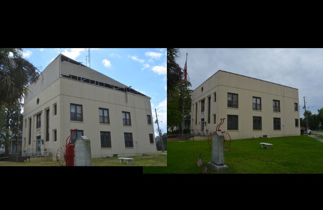 The roof of the Fairfax City Hall before (left) and after (right)
the recent roofing job repaired the building’s leaky roof.