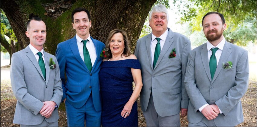 David Corder with his wife and three sons at the wedding of youngest son Anderson in 2023. Pictured from left: stepson
Tommy Chambers, son Anderson Corder, wife Lynette Corder, David Corder, and son David Corder Jr.