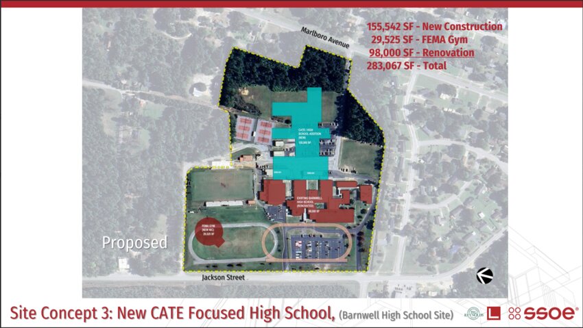 Concept three shows a mix of new construction and renovating current facilities on the Barnwell High School campus.