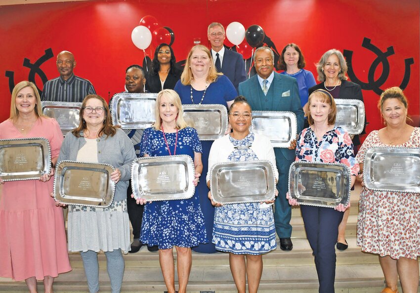 Barnwell School District 45 board members recognize the district's retirees during the May 2024 board meeting. Pictured from left: (top row) board members Felicia Devore, Rhett Richardson and Rosey Anderson; (middle row) retirees Michael Highsmith, Sandra Mintz, Catherine McCurry, Burnell Creech, Karen Brown; (bottow row) retirees Lisa Collins, Donna Selvey, Melissa Moore, Elizabeth Holloway, Denise Sharpe, and Ann Marie Hebbard. Not pictured: Tammy Briggs, Susan Gardner, James Hammonds, Shirley Jones, Cathy Tucker, and Rachel Wall.