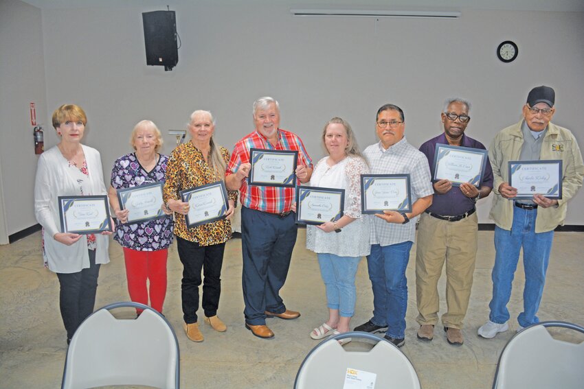 Current and former members of the Town of Kline's program committee were recognized, including (from left) Tara Keel, Judy Arnold, Karen Kissiah, Rick Kissiah, Samantha Ortiz, Jesus "Jessie" Ortiz, and Mayor William Cave. Also recognized was Charlie Kirby (right) for his service to keeping the town's grass cut.