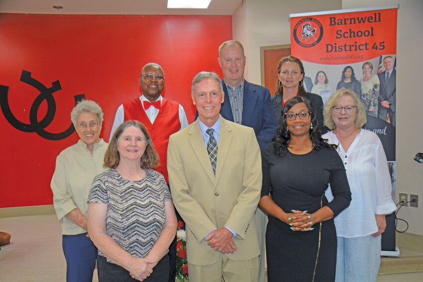Some current and former members of Barnwell School District 45 attended the final board meeting June 13. Pictured from left: (front row) current members Rosey Anderson, Rhett Richardson, and Felicia Devore; (back row) former members Sue Black, Abraham Sexton, Chad Perry, Becky Huggins, and Teresa Spence.