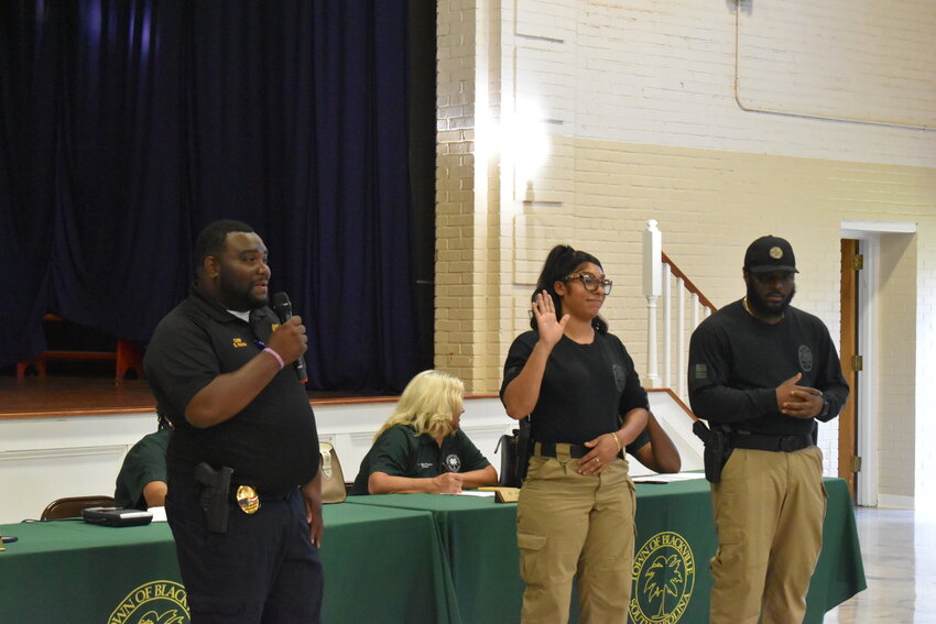 Two Blackville Police Department officers were introduced to the community at the August 19 meeting by interim chief Shawn Howze (left). 
