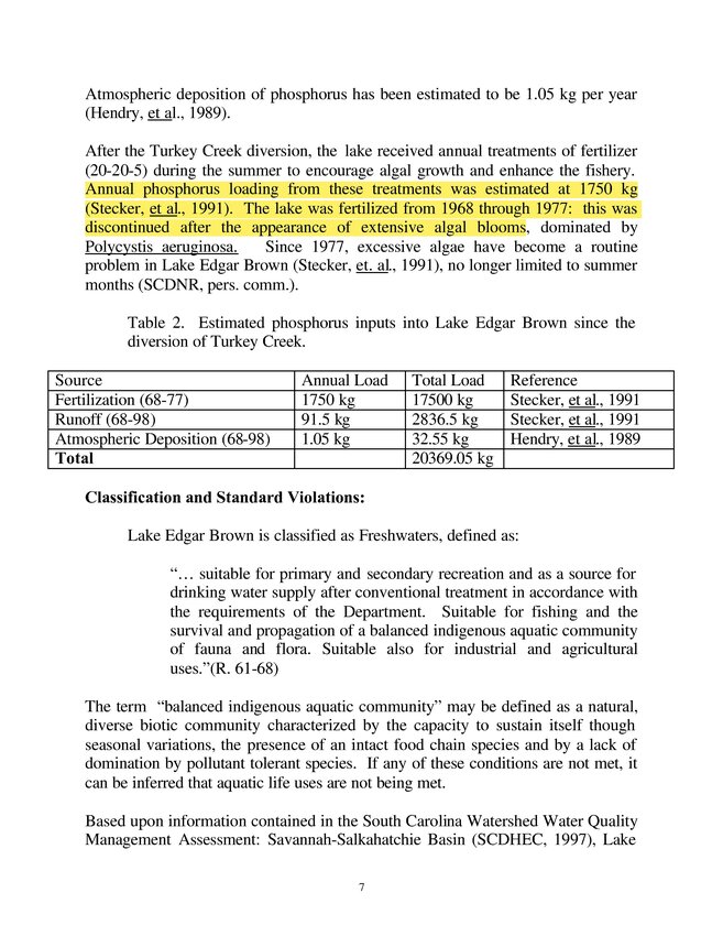 A South Carolina Department of Health and Environmental Control document from 2000 showing the regular phosphorus dumping.