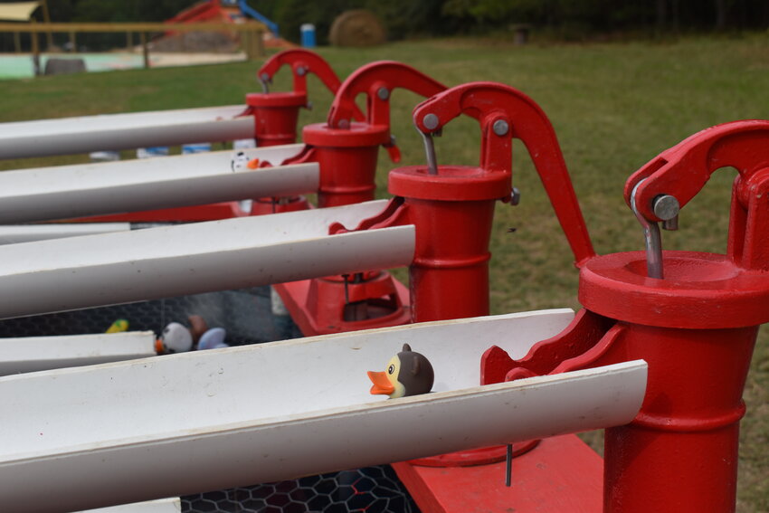 The homemade duck race is functional with water pumps and a return mechanism so ducks do not go off course! 